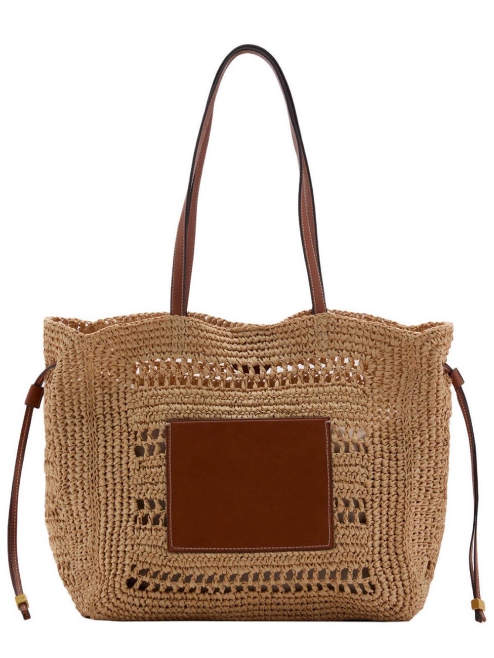 Mango Tan Woven Straw Tote with Brown Leather Patch